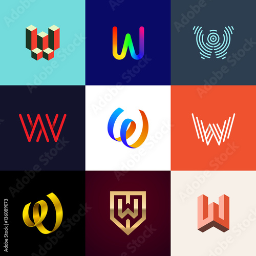 Letter "W" big logo pack. Creative vector monograms. Striped, ribbon, colorful, isometric, linear, 3d logos.Eps10 format.