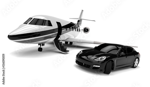 Fototapeta Naklejka Na Ścianę i Meble -  Private jet with a Luxury Car / 3D render image representing a private jet and a uxury car 
