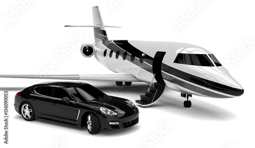 Private jet with a Luxury Car / 3D render image representing a private jet and a uxury car  photo