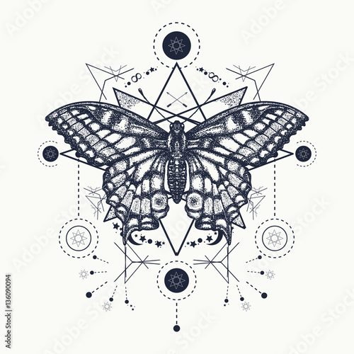 Butterfly tattoo geometrical style. Beautiful Swallowtail boho t-shirt design. Mystical esoteric symbol of freedom, travel, tourism. Realistic butterfly art tattoo for women