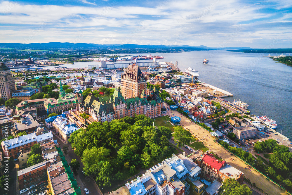 Aerial view of famous Chateau Frontenac hotel in Old Quebec City, Canada.