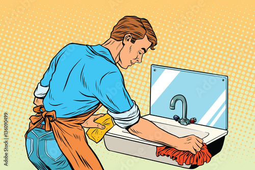 Home cleaning washing kitchen sinks, man works