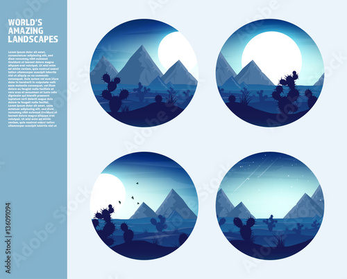 Desert trip. Extreme tourism and travelling. Back to nature. Sands.Exploring Africa. Horizont line with sky,stars. Mountaines, flying birds.Camels.