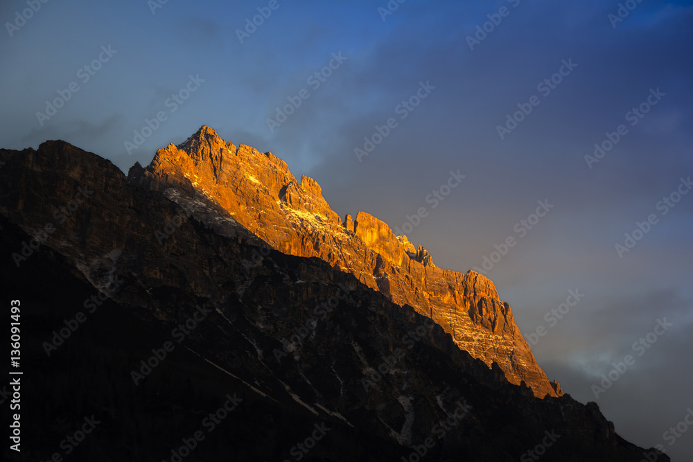 Sunset in Dolomites mountains around Famous ski resort Cortina D