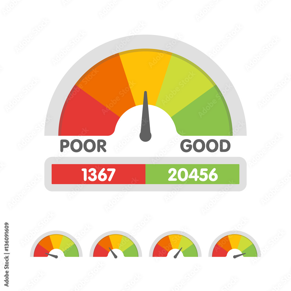 Vector illustration of credit score gauge. Speedometer icon in flat ...