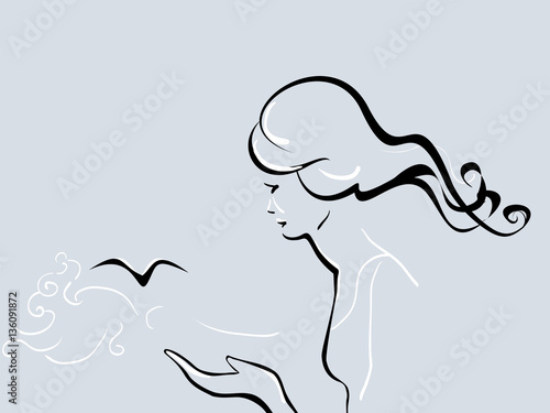 Canvas Print Woman lets out birds against  sea. Freedom. Concept art. Dreams.