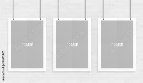 Empty three white A4 sized vector paper mockup hanging with paper clips. Show your flyers, brochures, headlines etc with this highly detailed realistic design template element