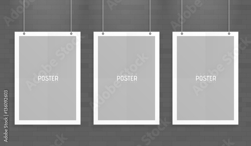 Empty three white A4 sized vector paper mockup hanging with paper clips. Show your flyers, brochures, headlines etc with this highly detailed realistic design template element