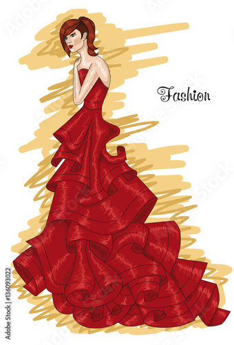 Woman in a long red dress. Aurora red-colored dress. Hairstyle and Fashion.