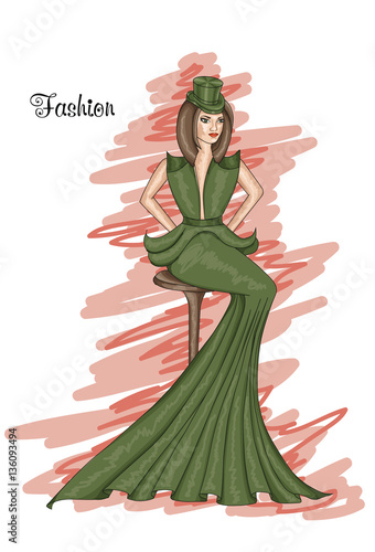 Sitting girl in a long green dress.  Kale-colored dress. Hairstyle and Fashion.