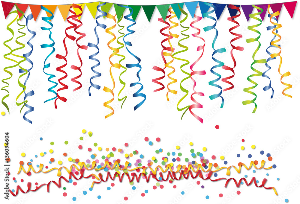 Party Deko: Fähnchen, Luftschlangen und Konfetti für Karneval und Partys  Stock-Vektorgrafik | Adobe Stock