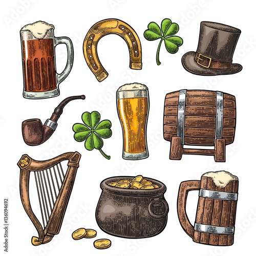 Saint Patrick Day. hat, Pot coins, pipe, beer, lyre, horseshoe