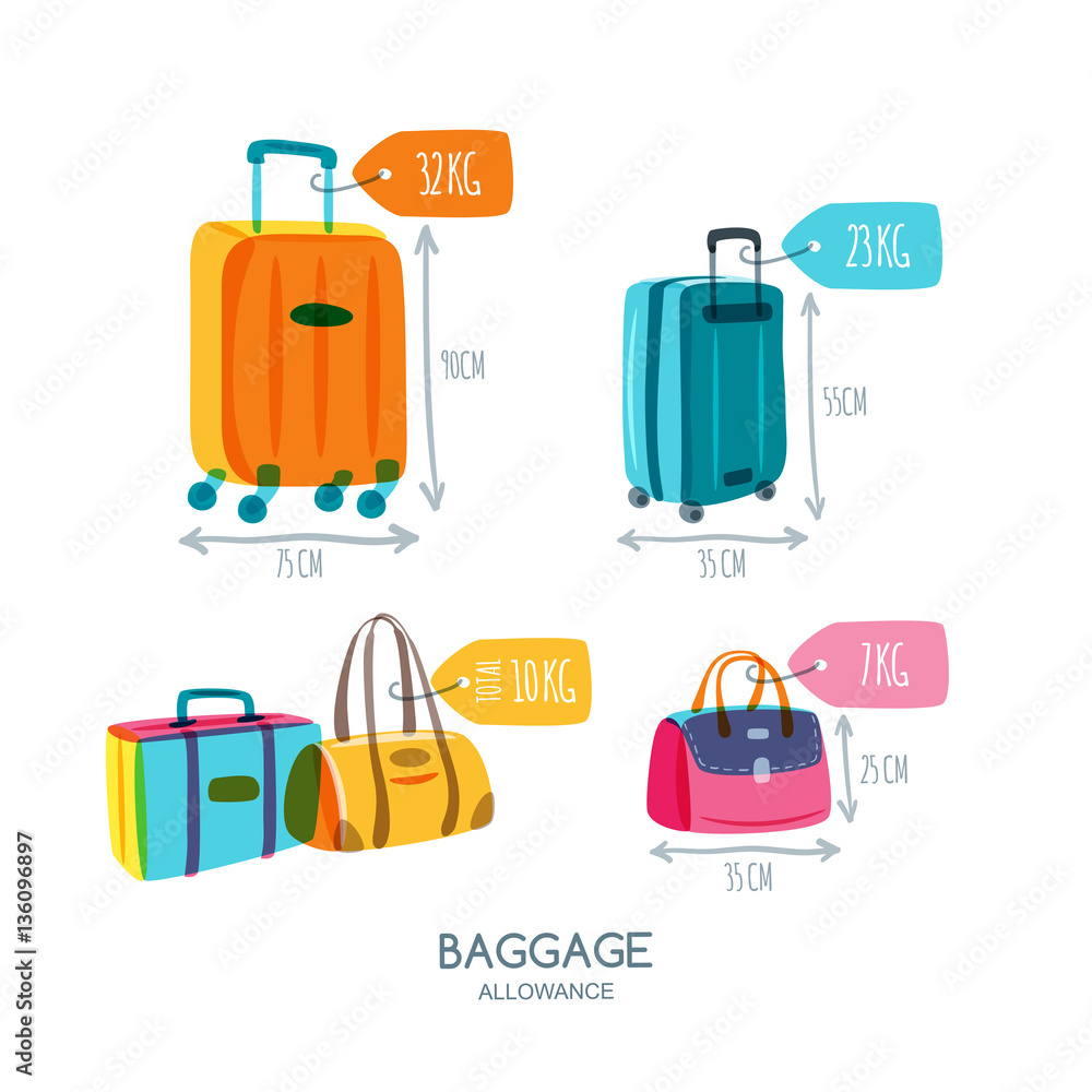 Baggage allowance isolated vector icons. Multicolor luggage, suitcase, bags  with tags and labels. Checked in baggage and hand luggage for traveling by  aircraft. Travel and tourism concept. Stock Vector | Adobe Stock