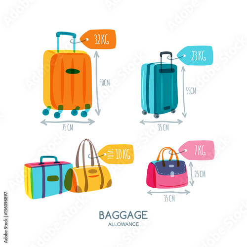 Baggage allowance isolated vector icons. Multicolor luggage, suitcase, bags with tags and labels. Checked in baggage and hand luggage for traveling by aircraft. Travel and tourism concept.