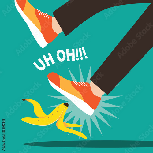Person holding slipping on a banana peel flat design. EPS 10 vector.