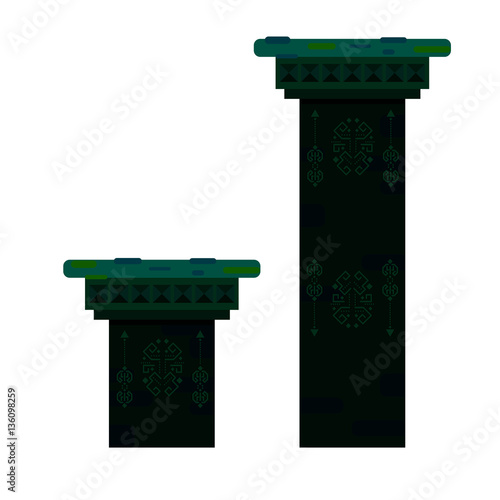 Ancient columns isolated vector illustration. Green color antique stone pillars with mold and fungus.