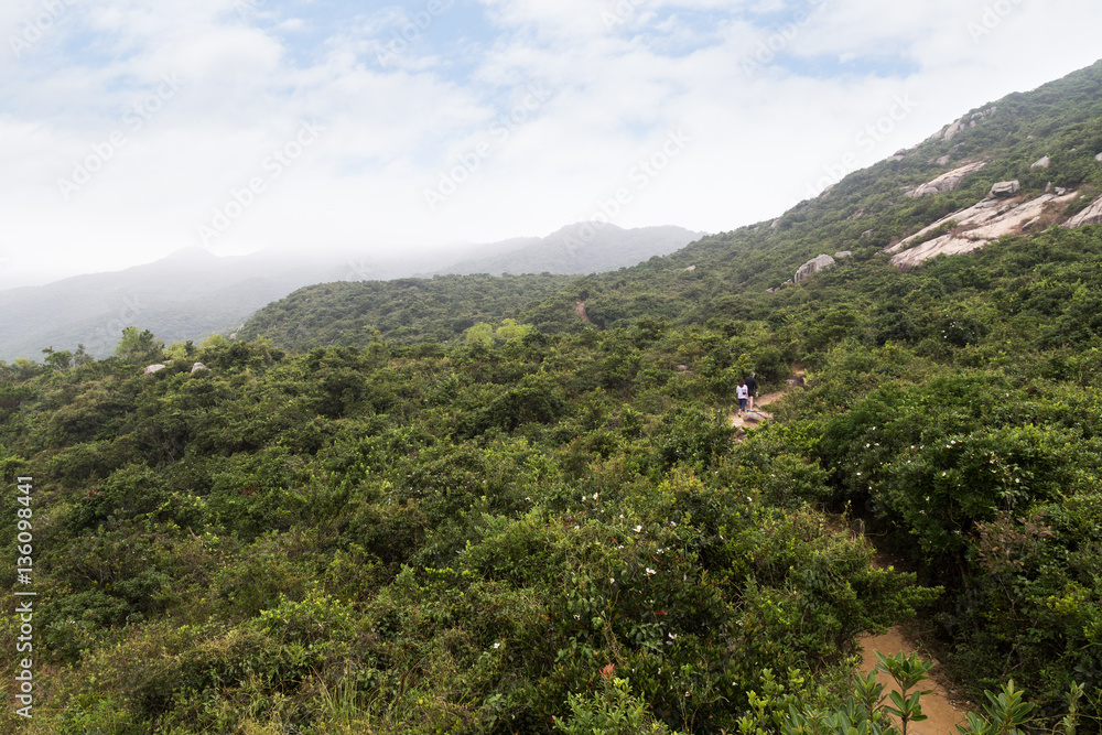 View of hills and lush and verdant nature along the Dragon's Back hiking trail in Hong Kong, China.