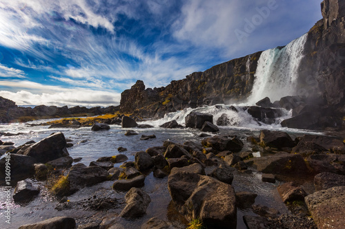Thingvellir waterfall. Autumn landscape. Wild nature in Iceland