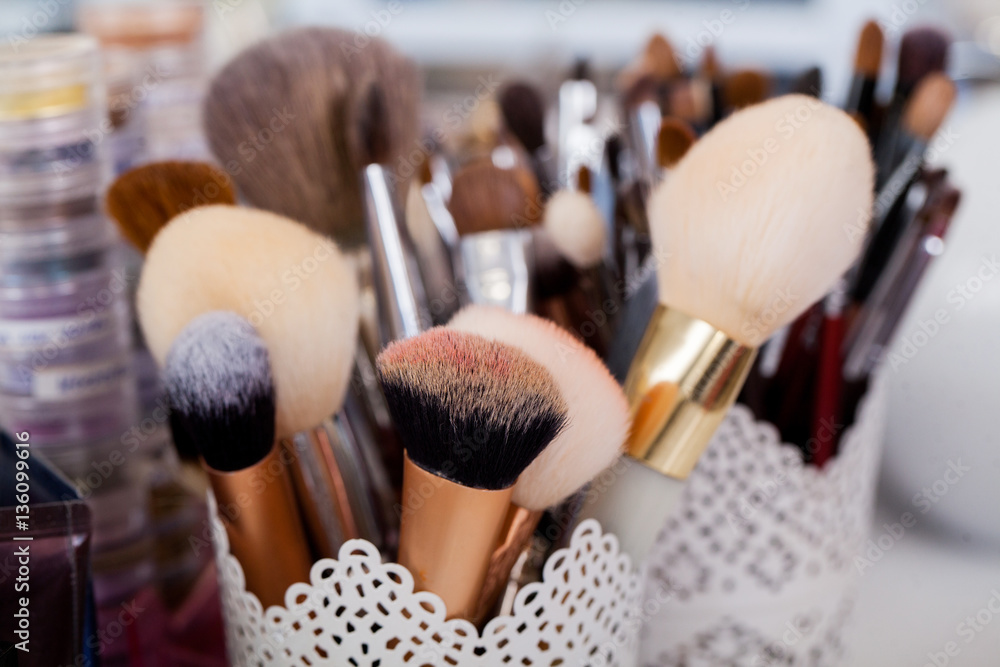 sets makeup brush for professional makeup artist - obrazy, fototapety, plakaty 