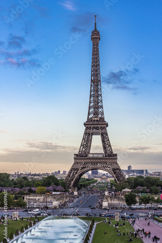 Eiffel tower in Paris, France. Sunset in spring