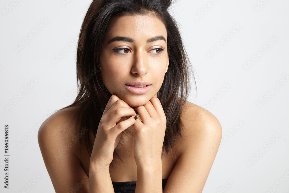 woman's portrait. watching aside, dreaming woman woman's portrait. watching aside, dreaming woman