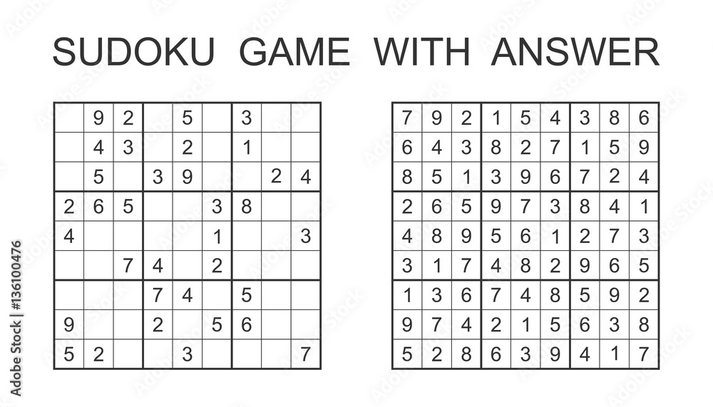 Sudoku game with answer. Vector puzzle game with numbers for kids and adults. Illustration on white background. Sudoku game with answer. Vector puzzle game with numbers for kids and adults. Illustration on white background.