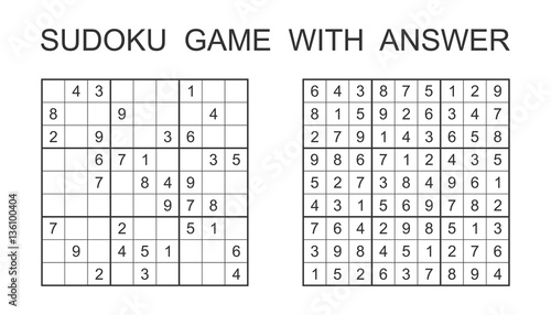 Sudoku game with answer. Vector puzzle game with numbers for kids and adults. Illustration on white background.