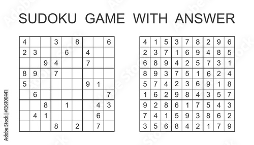 Sudoku game with answer. Vector puzzle game with numbers for kids and adults. Illustration on white background.