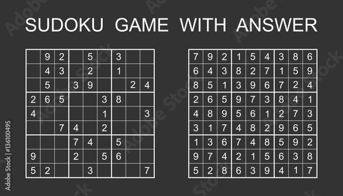 Sudoku game with answer. Vector puzzle game with numbers for kids and adults. Illustration on black background.