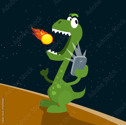 Illustration lustiger Dinosaurier macht Selfie mit Kometen