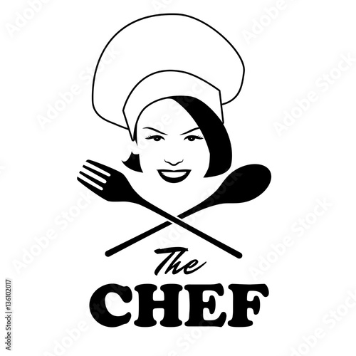 Woman Chef. Beautiful cook with spoon and fork. Retro style