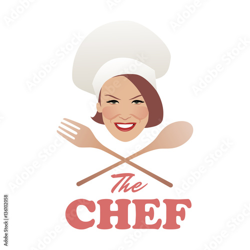 Woman Chef. Beautiful cook with wooden spoon and fork. Retro style