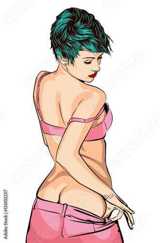 Pretty lady underwear. Short cuts hair. Vector stock image.