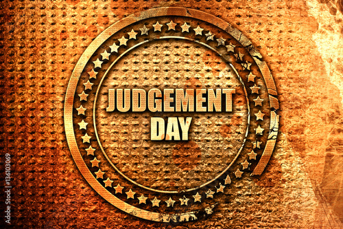 Fotografia judgement day, 3D rendering, text on metal