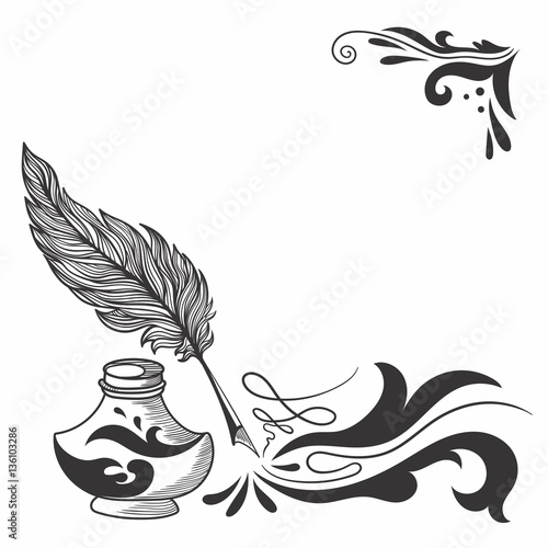 Vector Sketch with Feather and Inkstand