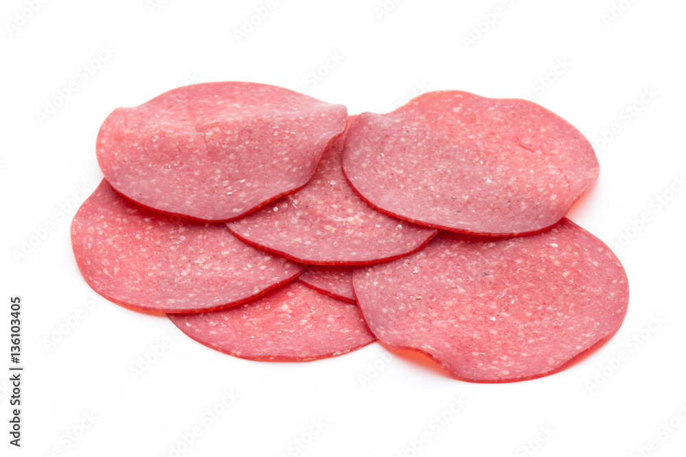 Salami smoked sausage one slice isolated on white background cut Salami smoked sausage one slice isolated on white background cut