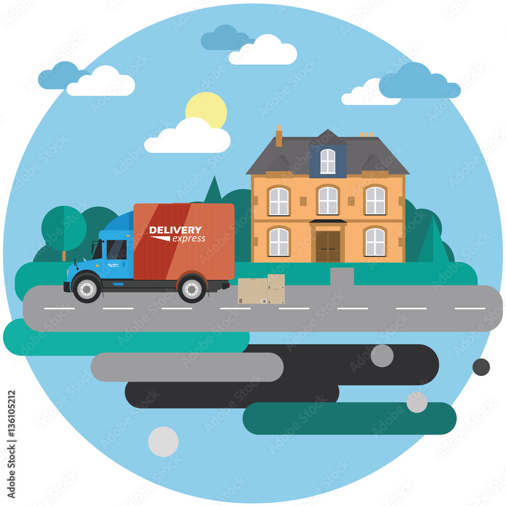 Delivery truck with cardboard boxes near house on background of summer landscape. Fast delivery banner, vector illustration.