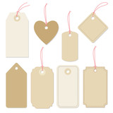 Set of various blank paper tags, labels with strings. Isolated vector elements Flat design.