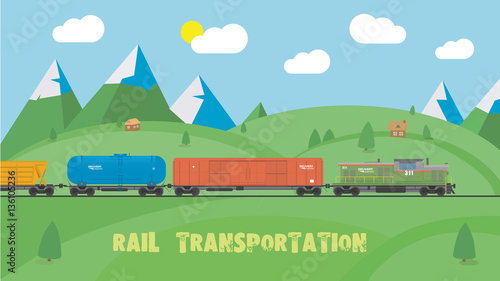 Rail transportation on summer landscape. Flat design.