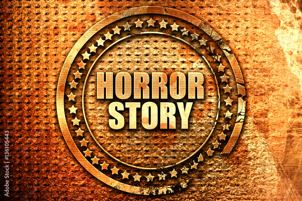 horror story, 3D rendering, text on metal