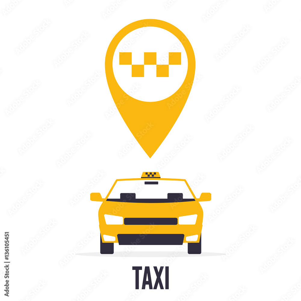 Taxi car on white background and yellow gps pointer map with taxi icon.  Stock Vector | Adobe Stock
