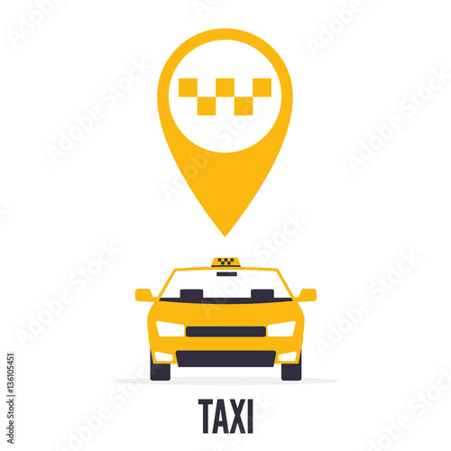 Taxi car on white background and yellow gps pointer map with taxi icon.