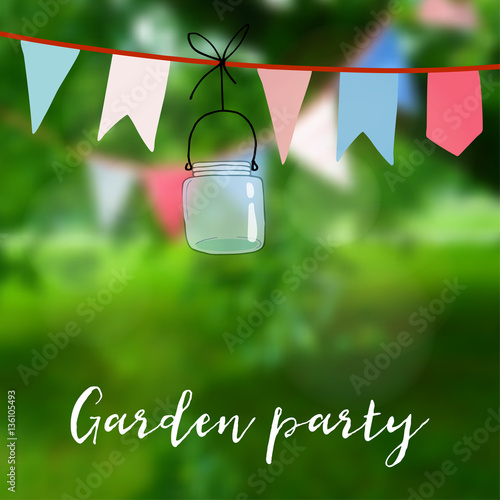 Birthday garden party or Brazilian june party card. Decoration with flags and jar. Vector illustration with modern blurred background.