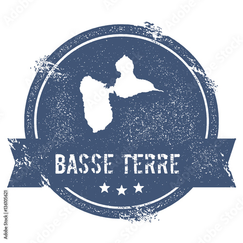 Basse-Terre Island logo sign. Travel rubber stamp featuring the name and map of the island, vector illustration. Suitable for insignia, logotype, label, sticker, or badge.