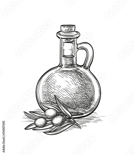 Bottle of olive oil and olive branch.