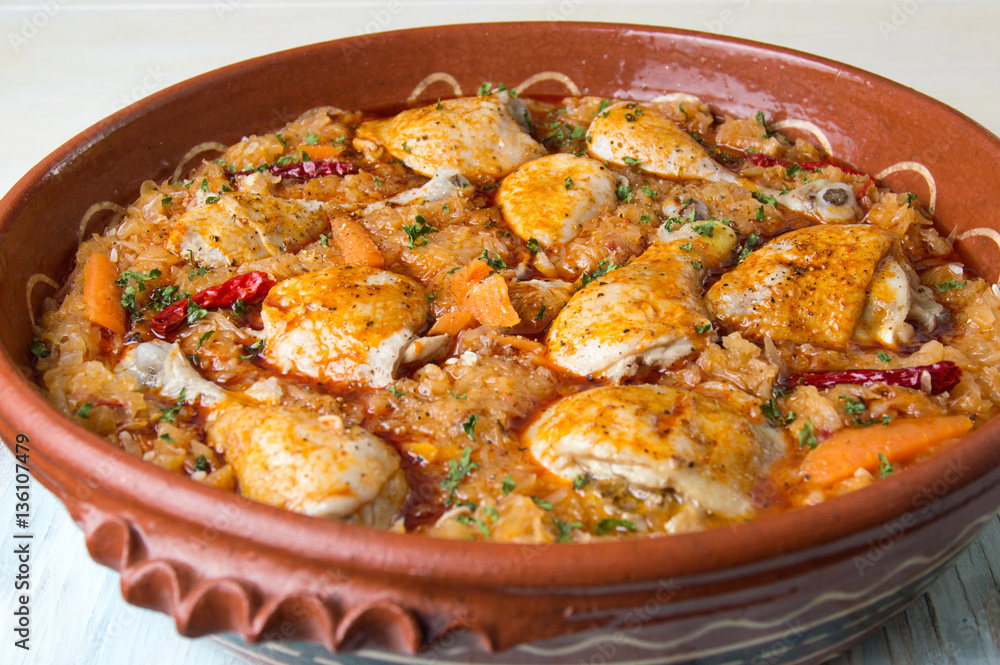 sour cabbage and chicken meal in a bowl sour cabbage and chicken meal in a bowl