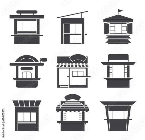 Set of various types of promotional or trade outdoor kiosks, stands, newsstands. Collection of vector icons of kiosk isolated on white background. 