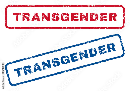 Transgender text rubber seal stamp watermarks. Vector style is blue and red ink tag inside rounded rectangular shape. Grunge design and dust texture. Blue and red signs.