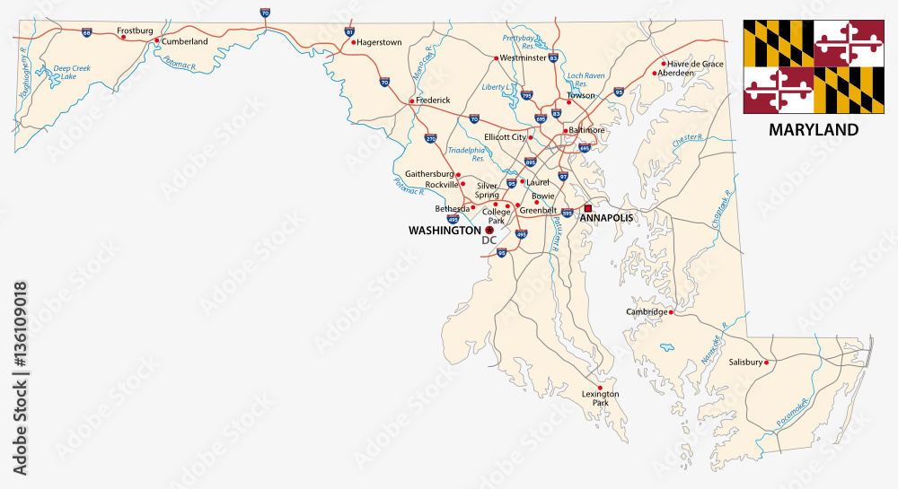Obraz premium Maryland federal state road map with flag