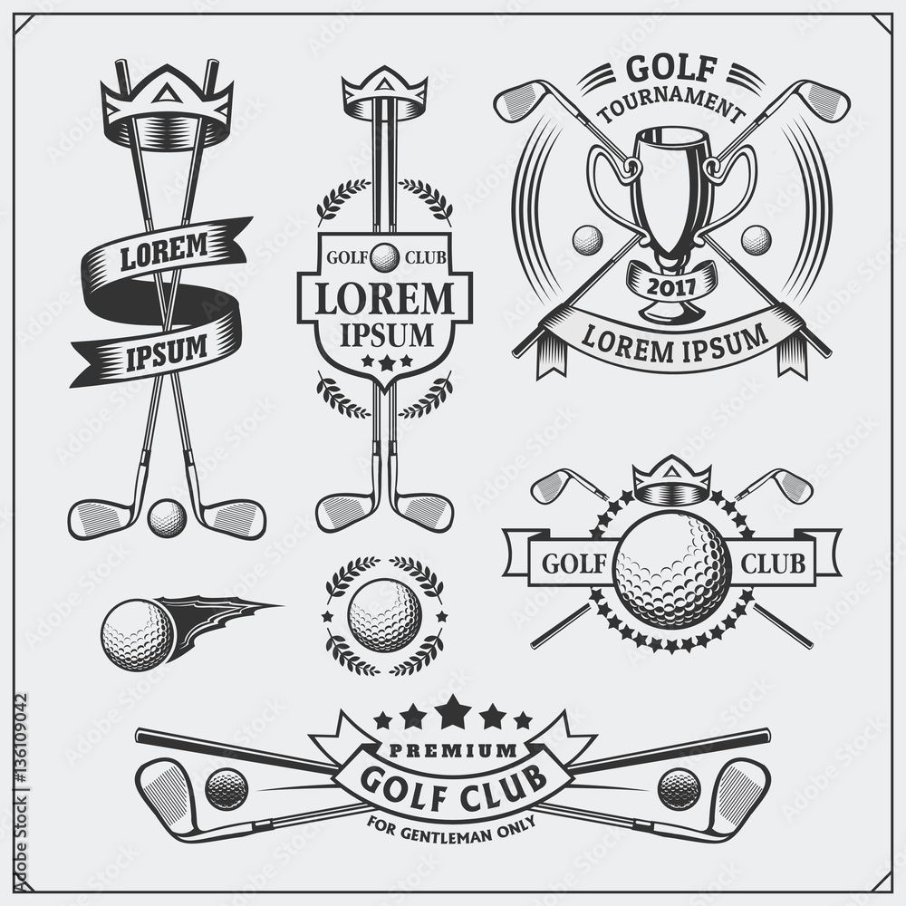 Fototapeta Set of vintage golf labels, badges, emblems and design elements. Monochrome design.